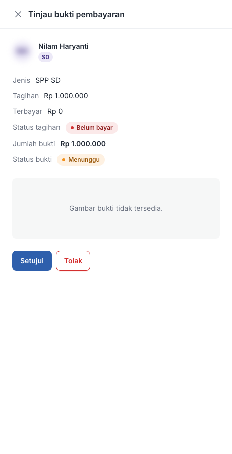 Panel tinjauan: rincian tagihan di atas, foto bukti di bawah, tombol keputusan di dasar panel.