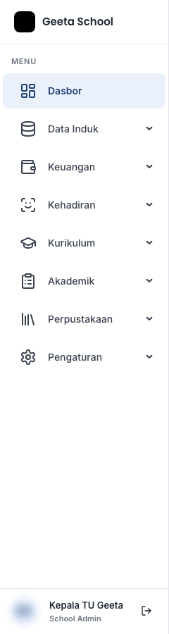 Menu samping: nama sekolah di atas, daftar menu di tengah, nama Anda dan tombol keluar di bawah.