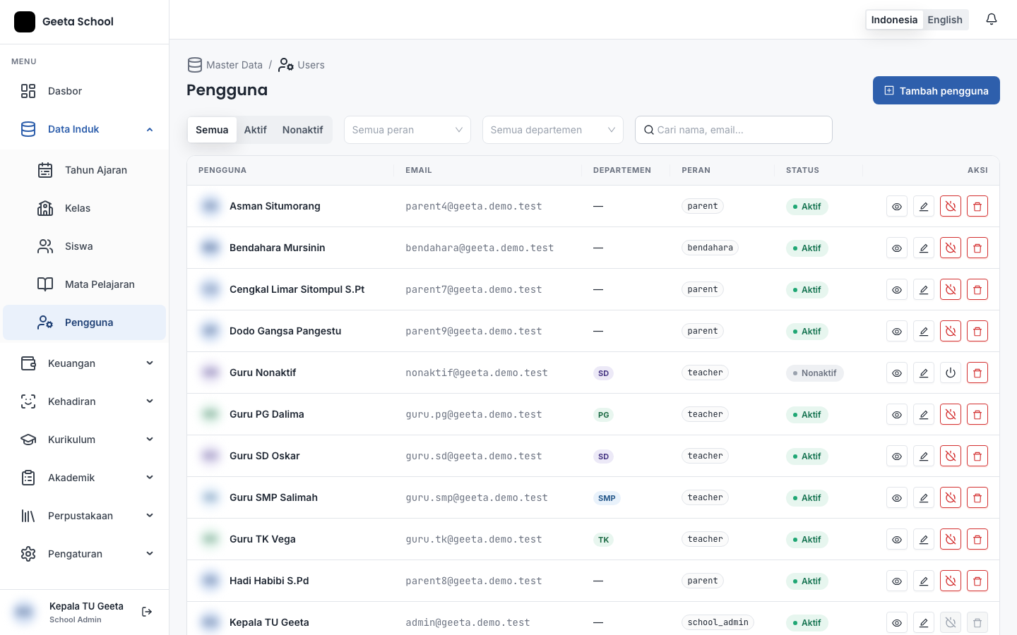 Daftar pengguna, dengan penyaring status, peran, dan departemen di atas tabel.